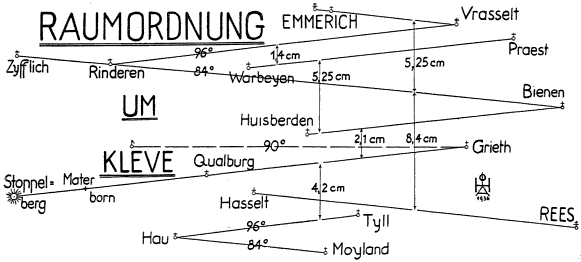 Karte von Kirchen um Kleve und ihren geometrischen Verhältnissen