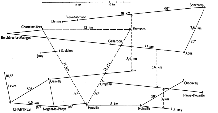 Karte von Kirchen um Chartres und ihren geometrischen Verhältnissen
