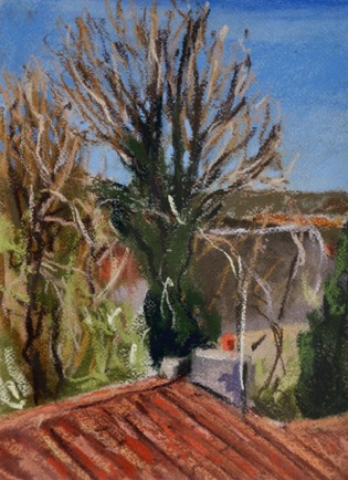 Early spring roof tops, 
Verteuil our Charente 
Pastel on Paper, 2023, 23cm x 31cm