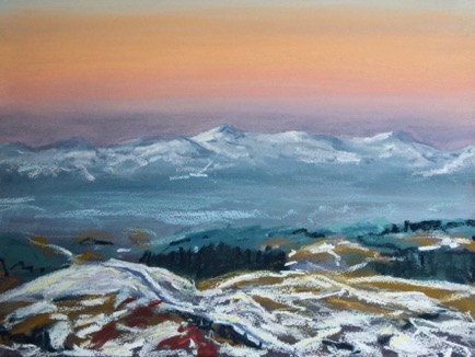 Sunset over snow, Cantal
Pastel on Paper, 2023, 41cm x 31cm