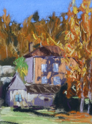 Russet trees, Rue de la Parc
Ruffec,  Charente 
Pastel on Paper, 2021, 23cm x 31cm