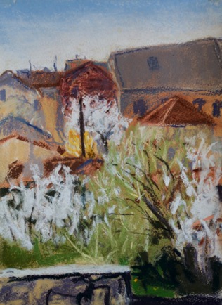 Blossom and back streets, 
Ruffec, Charente 
Pastel on Paper, 2022, 23cm x 31cm