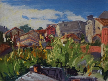 Roof tops,
Ruffec, Charente 
Pastel on Paper, 2022, 41cm x 31cm