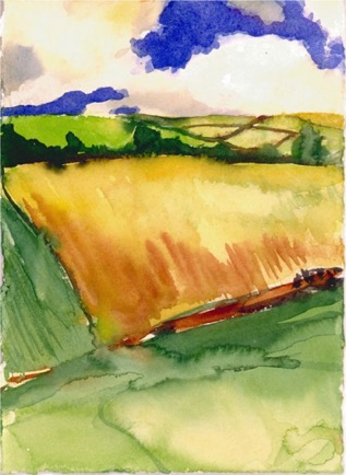 Fields Near Stow Gallashields 3, 5"x6", Watercolour