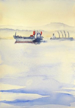 Bulk haulage ship in gulf of Aqaba, Watercolour on paper, 21cm x 15cm