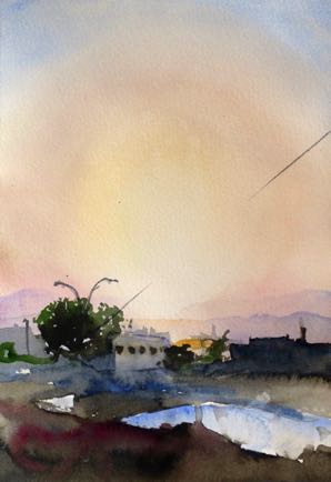 Sunset over Elat, Watercolour on paper, 21cm x 15cm