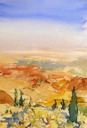 View from 
Mount Nebu,
Watercolour on paper, 21cm x 15cm
SOLD