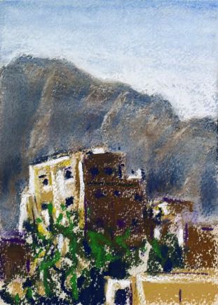 View behind the house Aqaba, 
pastel on paper, 21cm x 15cm