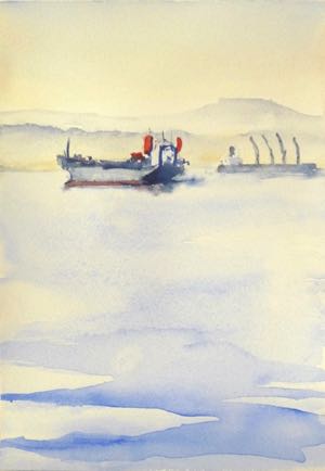 Bulk haulage ship in gulf of Aqaba, Watercolour on paper, 21cm x 15cm Bulk haulage ship in gulf of Aqaba, Watercolour on paper, 21cm x 15cm