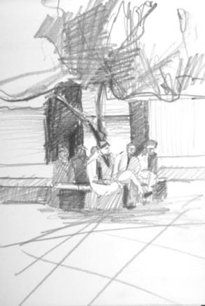 Men Under a Tree, 4"x5½, Graphite