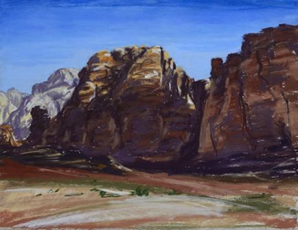 Jebel Umm
al-Ishrin,
pastel on paper, 28cm x 37cm Jebel Umm
al-Ishrin,
pastel on paper, 28cm x 37cm