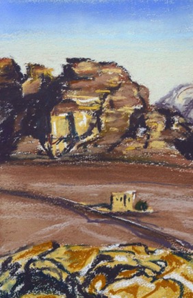 View from Bait Ali,
pastel on paper, 18cm x 10cm