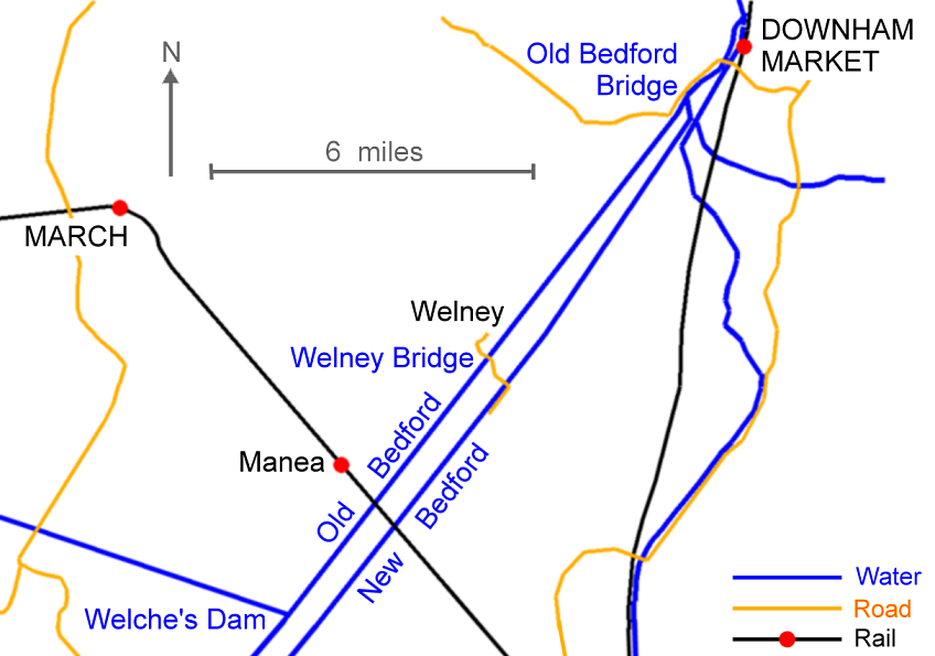 Map showing part of the Bedford Rivers and surrounding fenland