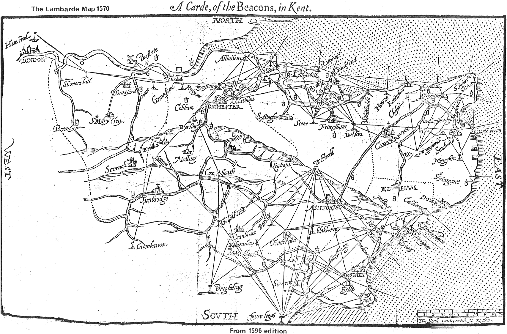 Lambarde's map of the beacons in Kent (1596)