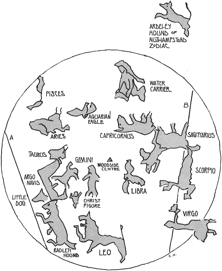 Map showing the whole Cuffley terrestrial zodiac