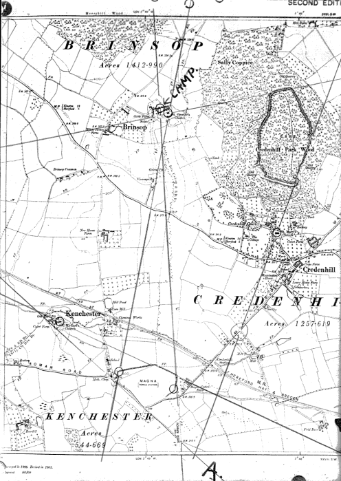 Map showing alignments of Herefordshire camps (Credenhill, Magna, Brinsop)