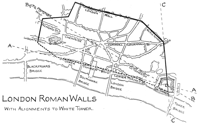 Plan showing Roman walls of London, with alignments